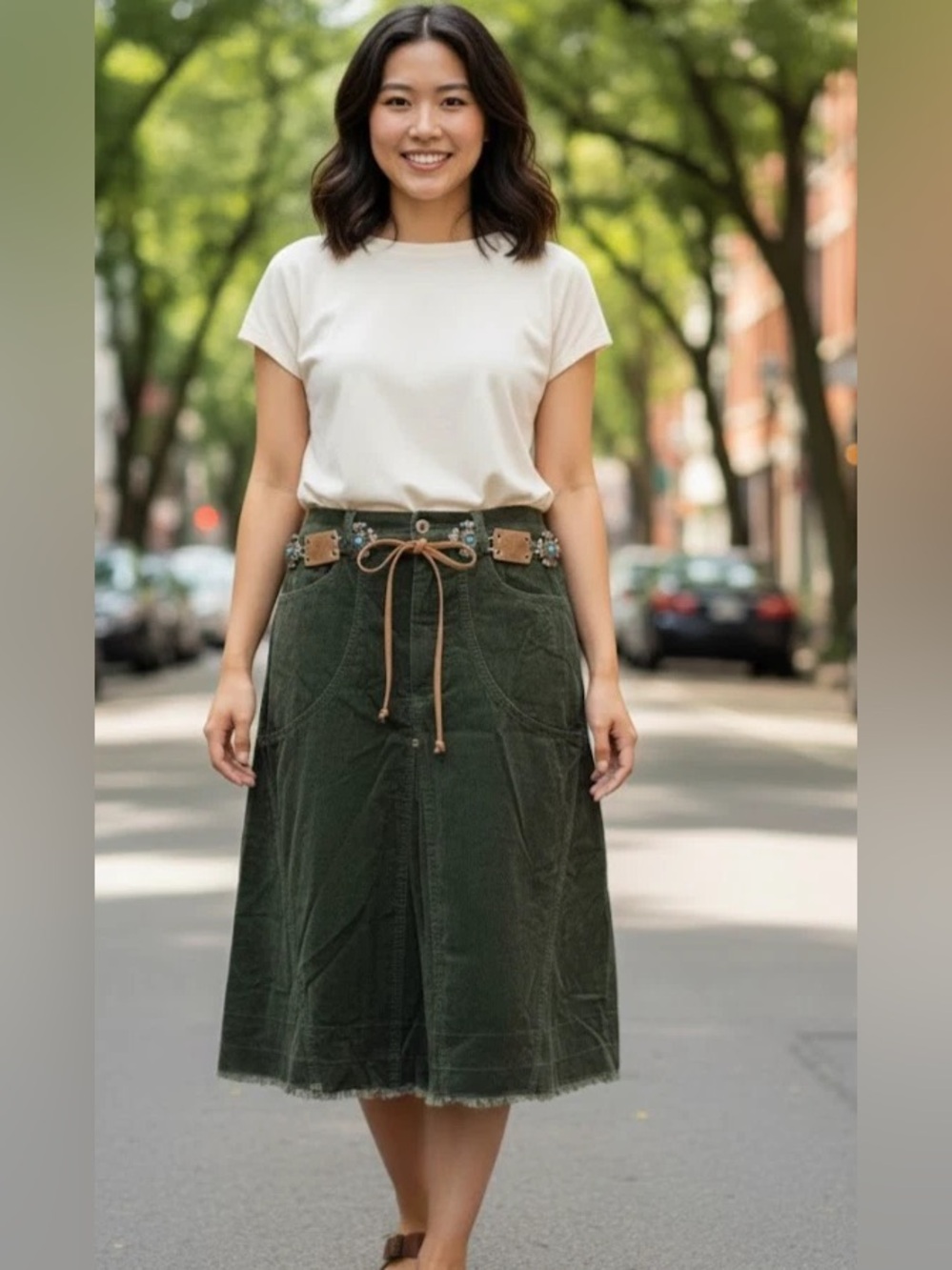 Gloria Vanderbilt Olive Green Corduroy A-Line Midi Skirt Size 16 with Metal Belt